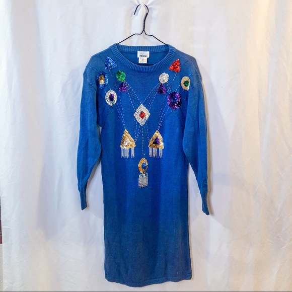 Vintage 80s Sequin Blue Sweater Dress - Picture 7 of 16